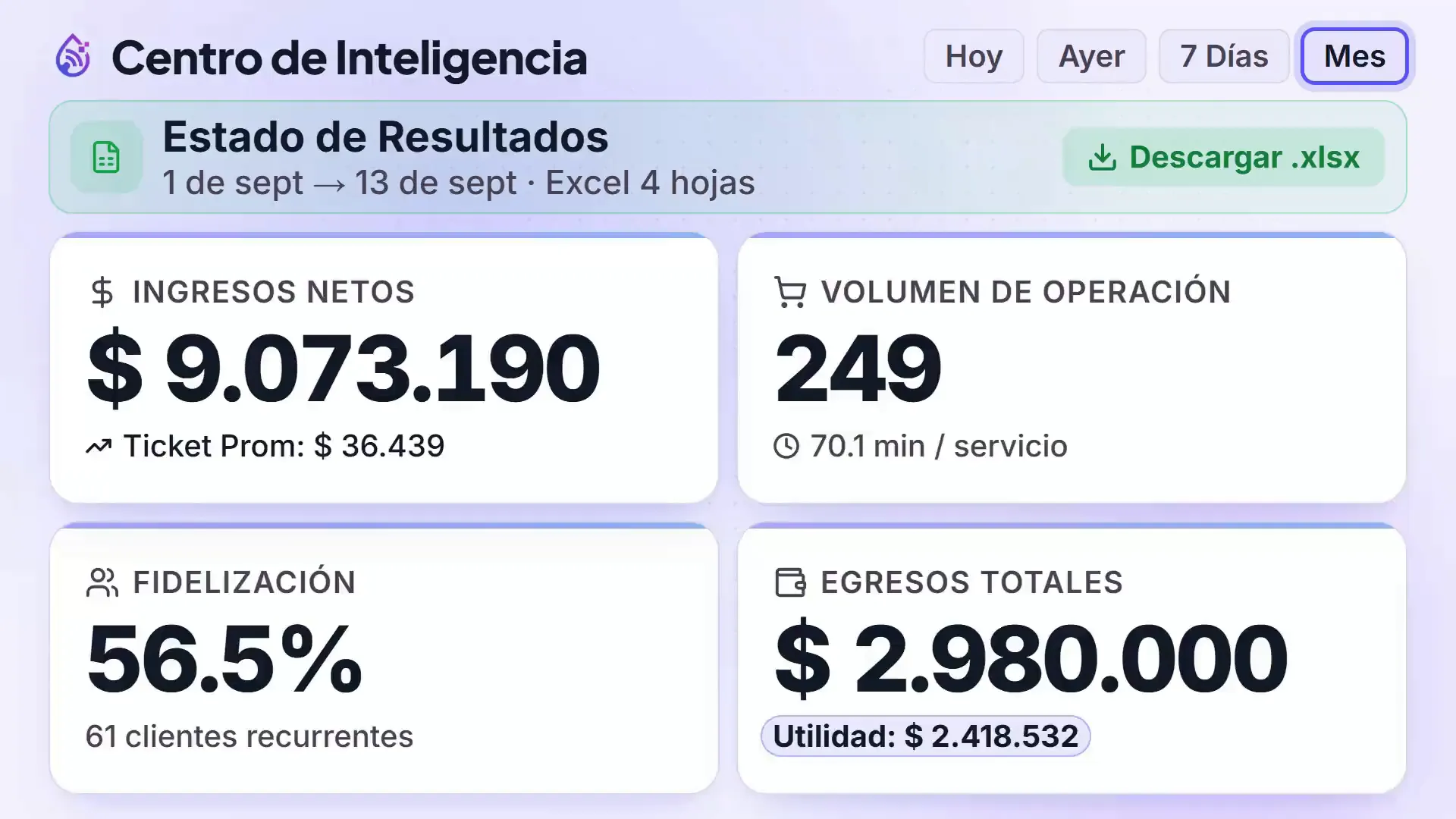 Centro de Inteligencia de DaliWash: los ingresos netos del mes, el volumen, la fidelización, los egresos con la utilidad, las horas pico, las ventas por medio de pago y el estado de resultados en Excel con sus 4 hojas.