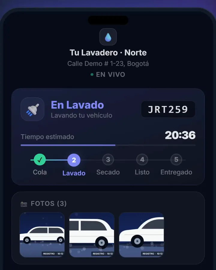 Página de seguimiento en el celular del cliente: el carro en lavado con el tiempo estimado, los pasos del servicio y sus fotos.