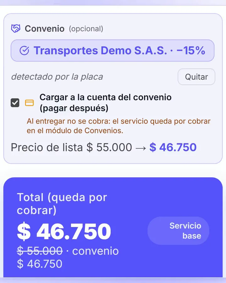 Registro por placa de un carro con convenio en el celular: al escribir LKP133 aparecen la empresa con su 15 % de descuento y la carga a crédito, y el total baja de $55.000 a $46.750, que queda por cobrar.